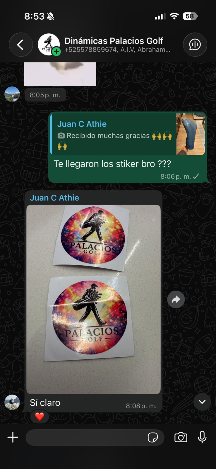 Captura de conversación de WhatsApp con un ganador de Palacios Golf
