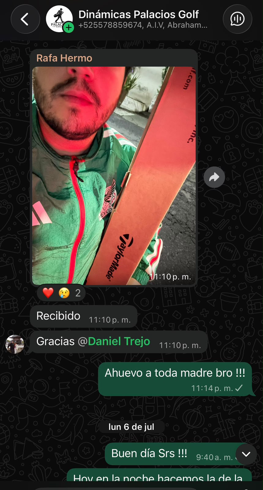 Captura de conversación de WhatsApp con un ganador de Palacios Golf