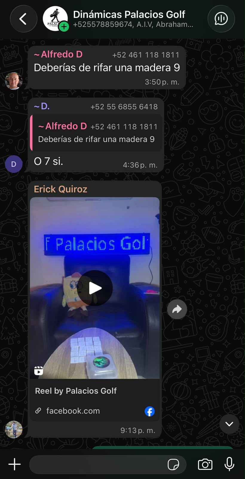 Captura de conversación de WhatsApp con un ganador de Palacios Golf
