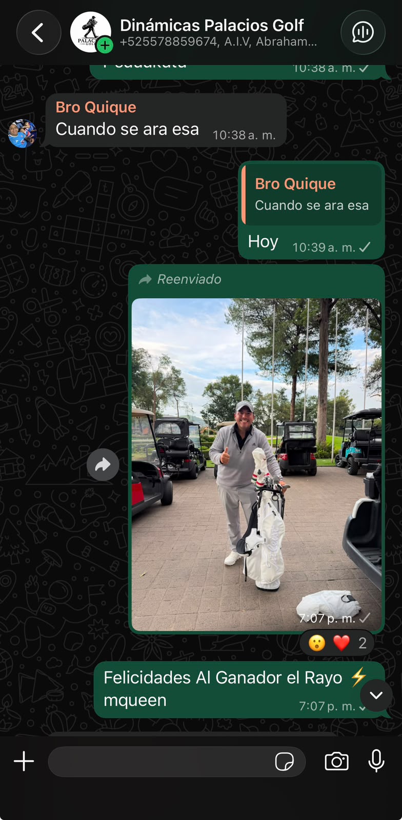 Captura de conversación de WhatsApp con un ganador de Palacios Golf
