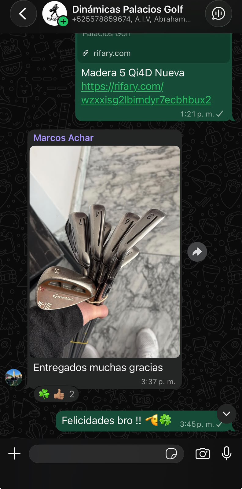 Captura de conversación de WhatsApp con un ganador de Palacios Golf